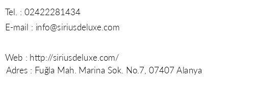 Sirius Deluxe Hotel telefon numaralar, faks, e-mail, posta adresi ve iletiim bilgileri